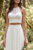 Load image into Gallery viewer, 2 Piece Ivory Chiffon A-Line Sweep Train Beach Wedding Dress with Lace