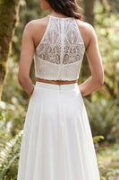 Load image into Gallery viewer, 2 Piece Ivory Chiffon A-Line Sweep Train Beach Wedding Dress with Lace