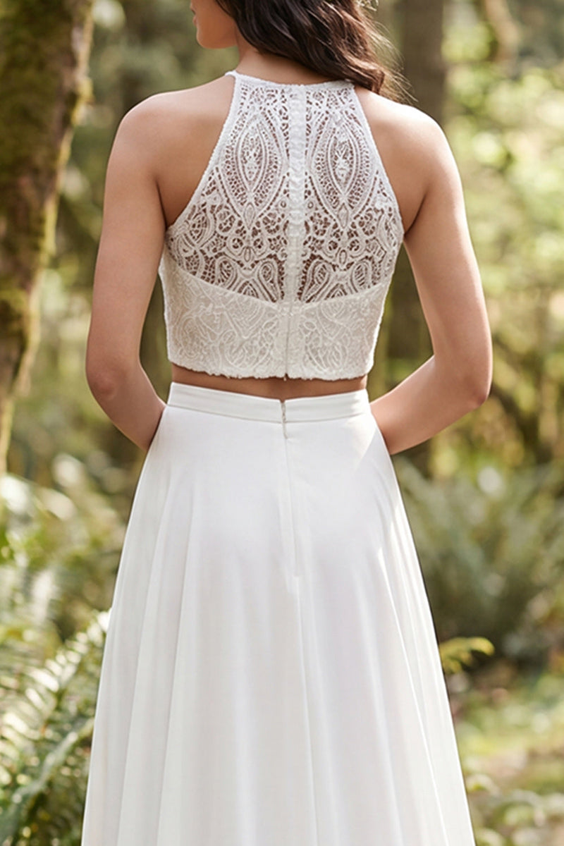 Load image into Gallery viewer, 2 Piece Ivory Chiffon A-Line Sweep Train Beach Wedding Dress with Lace