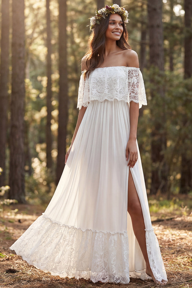 Load image into Gallery viewer, Ivory Chiffon Sweep Train A-Line Beach Wedding Dress