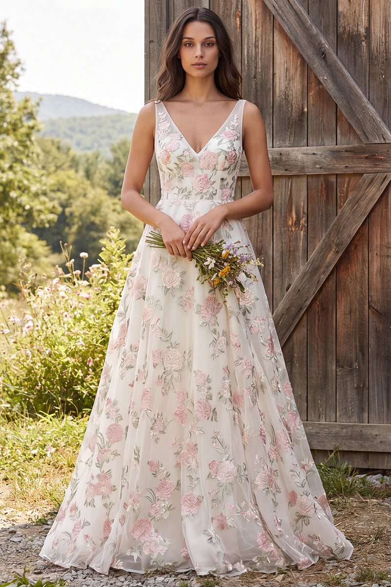 Load image into Gallery viewer, Floral Ivory A-Line V-Neck Sweep Train Wedding Dress