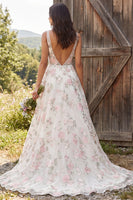 Load image into Gallery viewer, Floral Ivory A-Line V-Neck Sweep Train Wedding Dress
