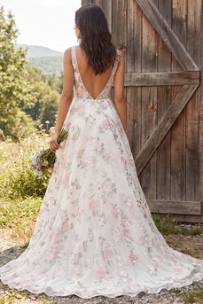 Floral Ivory A-Line V-Neck Sweep Train Wedding Dress