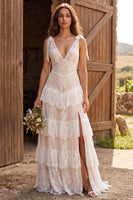 Load image into Gallery viewer, Ivory Lace V-Neck A-Line Sweep Train Wedding Dress with Bows