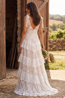Load image into Gallery viewer, Ivory Lace V-Neck A-Line Sweep Train Wedding Dress with Bows