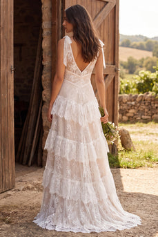 Ivory Lace V-Neck A-Line Sweep Train Wedding Dress with Bows