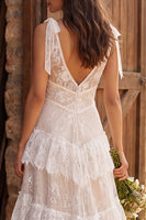 Load image into Gallery viewer, Ivory Lace V-Neck A-Line Sweep Train Wedding Dress with Bows