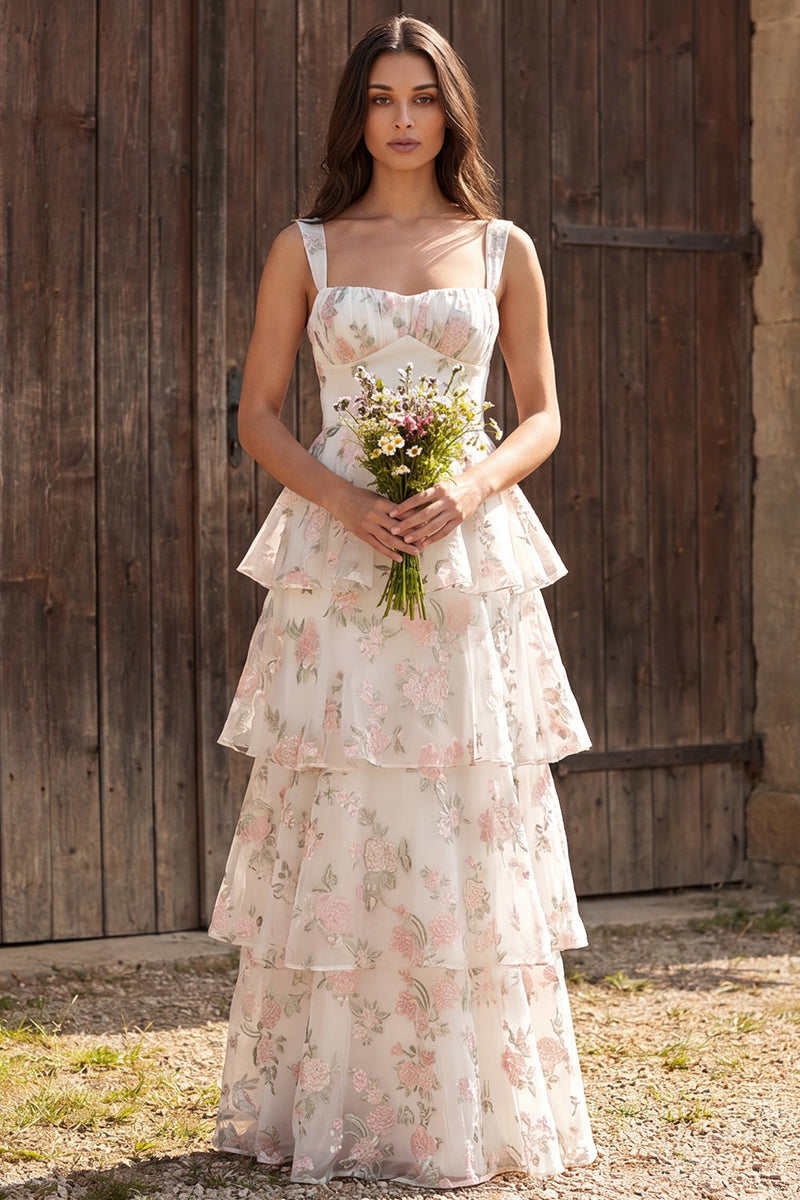 Load image into Gallery viewer, Floral Ivory Tiered Ruffled A-Line Thick Straps Maxi Wedding Dress