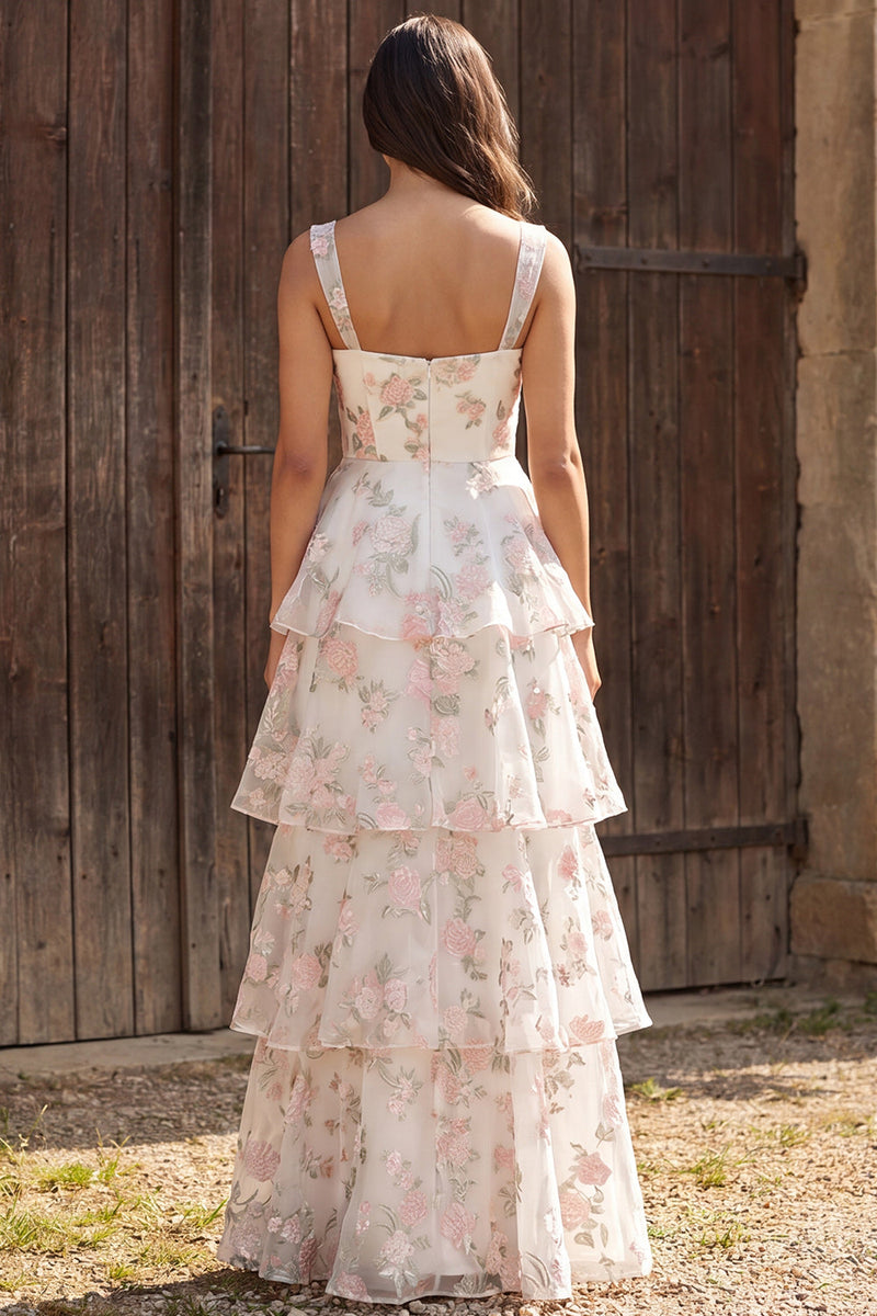 Load image into Gallery viewer, Floral Ivory Tiered Ruffled A-Line Thick Straps Maxi Wedding Dress