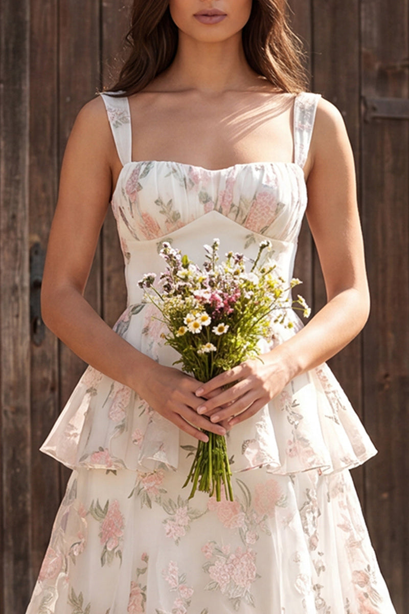 Load image into Gallery viewer, Floral Ivory Tiered Ruffled A-Line Thick Straps Maxi Wedding Dress