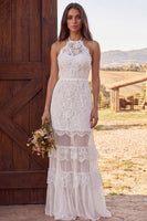 Load image into Gallery viewer, Ivory Lace Halter Neck Mermaid Ruffled Maxi Boho Wedding Dress