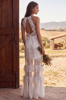 Load image into Gallery viewer, Ivory Lace Halter Neck Mermaid Ruffled Maxi Boho Wedding Dress