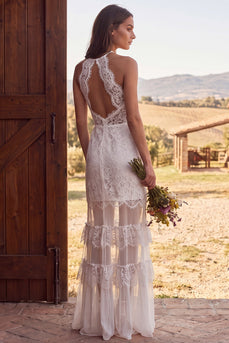 Ivory Lace Halter Neck Mermaid Ruffled Maxi Boho Wedding Dress