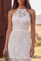 Load image into Gallery viewer, Ivory Lace Halter Neck Mermaid Ruffled Maxi Boho Wedding Dress