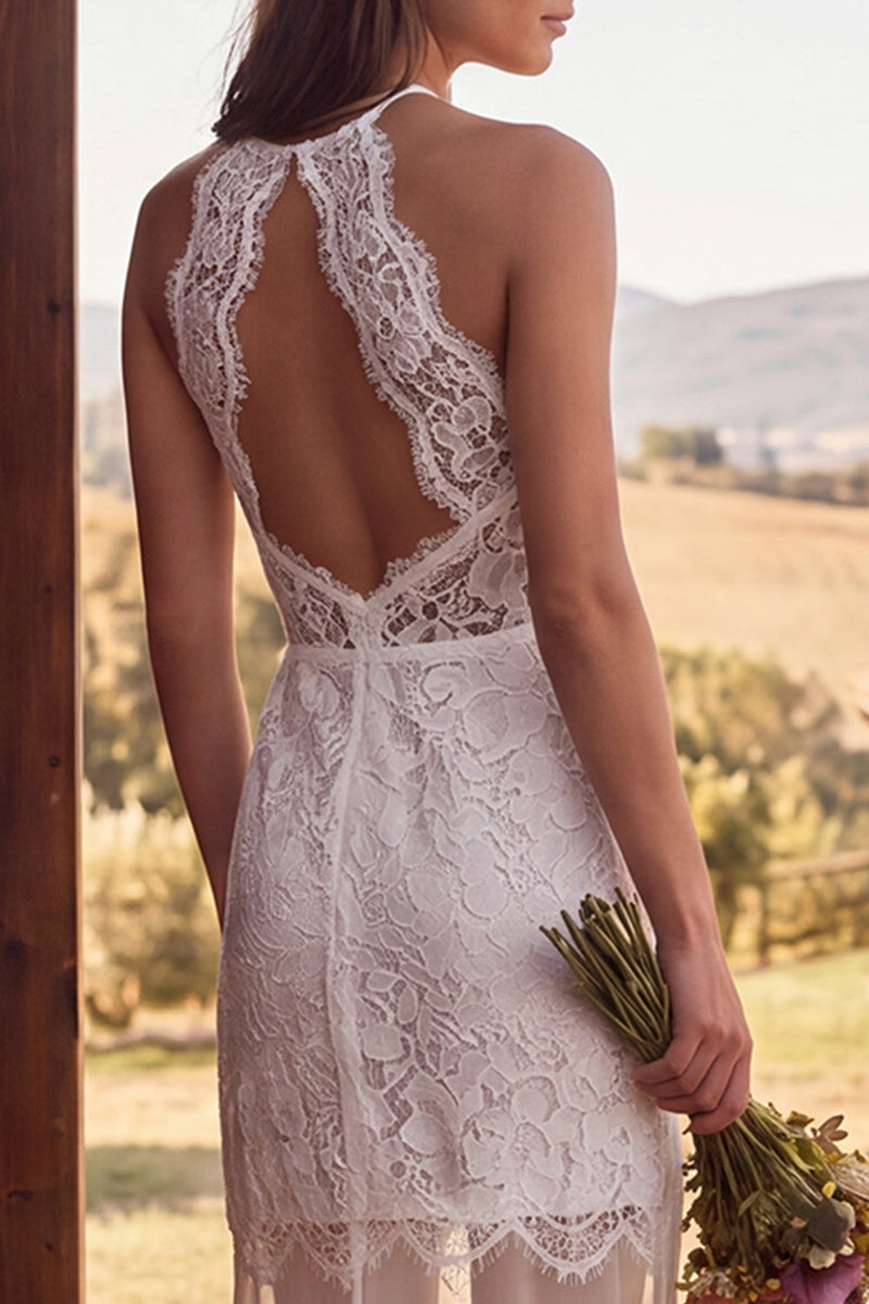 Load image into Gallery viewer, Ivory Lace Halter Neck Mermaid Ruffled Maxi Boho Wedding Dress