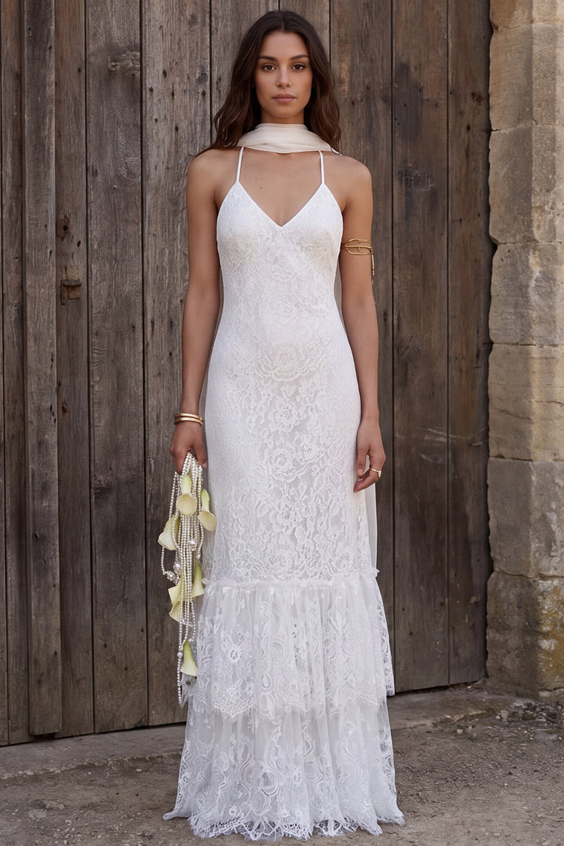 Load image into Gallery viewer, Ivory Lace Halter Neck Mermaid Neck Scarf Sweep Train Boho Wedding Dress
