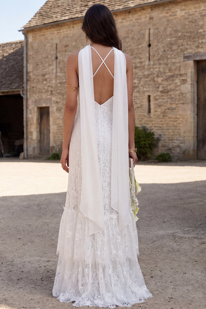 Load image into Gallery viewer, Ivory Lace Halter Neck Mermaid Neck Scarf Sweep Train Boho Wedding Dress