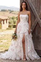 Load image into Gallery viewer, Floral Ivory Ruched Ruffled A-Line Sweep Train Wedding Dress with Slit