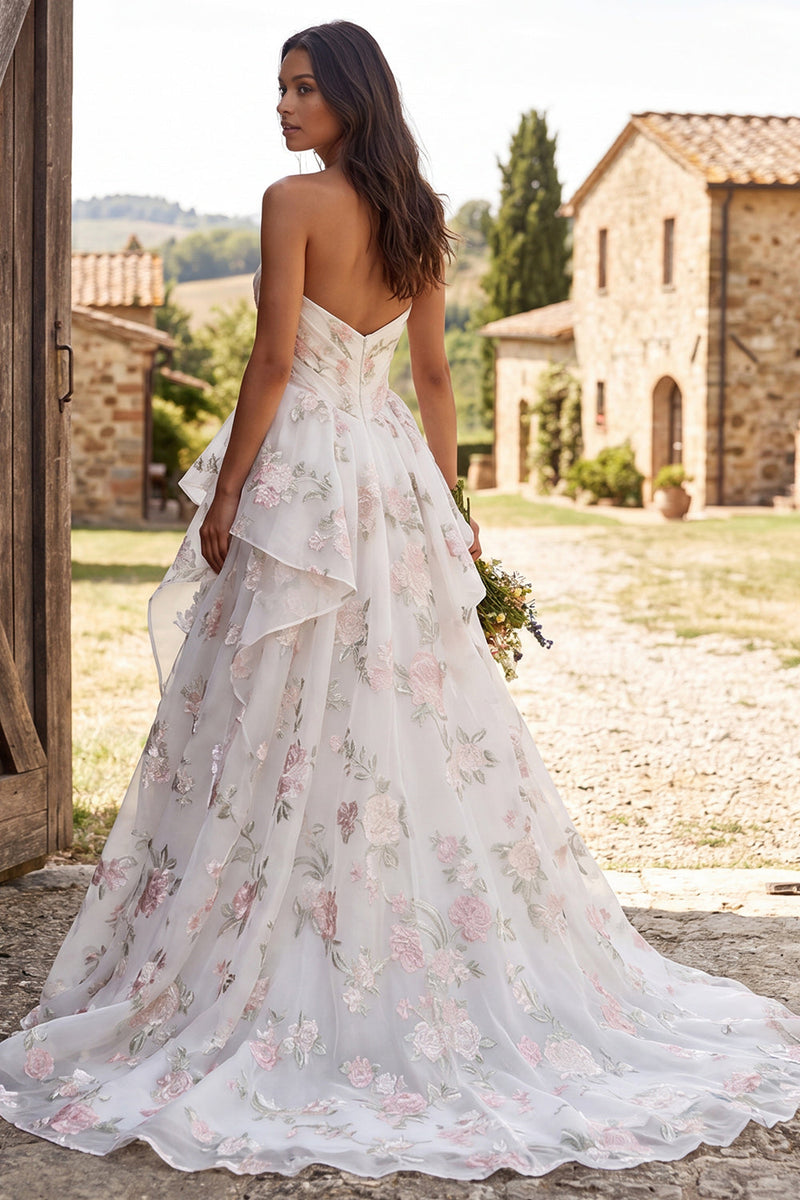 Load image into Gallery viewer, Floral Ivory Ruched Ruffled A-Line Sweep Train Wedding Dress with Slit
