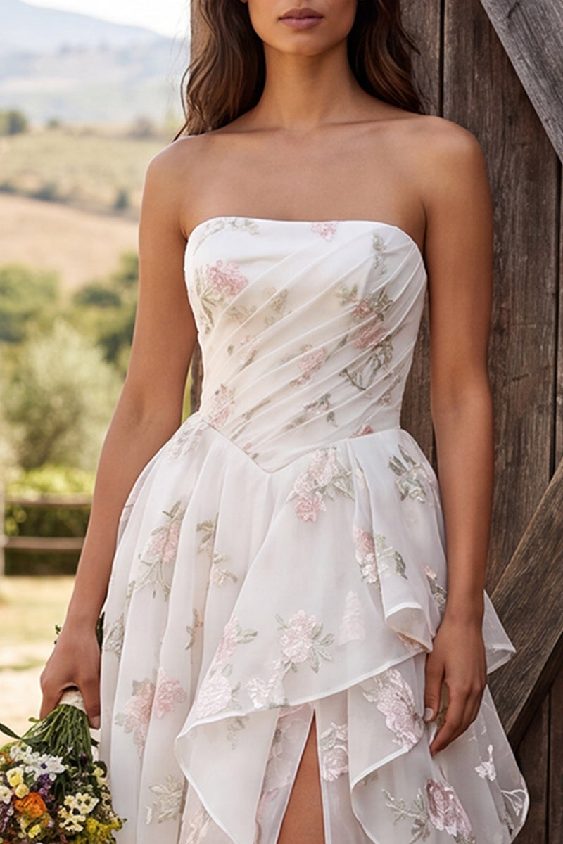 Load image into Gallery viewer, Floral Ivory Ruched Ruffled A-Line Sweep Train Wedding Dress with Slit