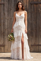 Load image into Gallery viewer, Ivory Lace Tiered Sweep Train A-Line Boho Wedding Dress with Slit
