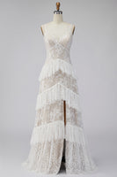 Load image into Gallery viewer, Ivory Lace Tiered Sweep Train A-Line Boho Wedding Dress with Slit