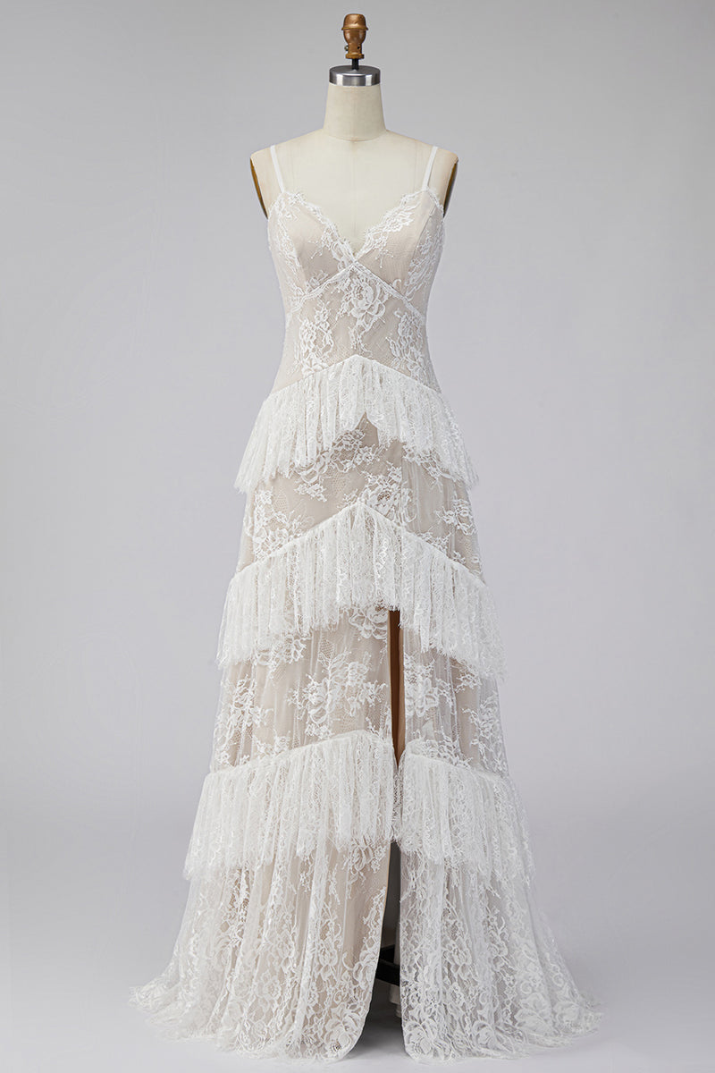 Load image into Gallery viewer, Ivory Lace Tiered Sweep Train A-Line Boho Wedding Dress with Slit