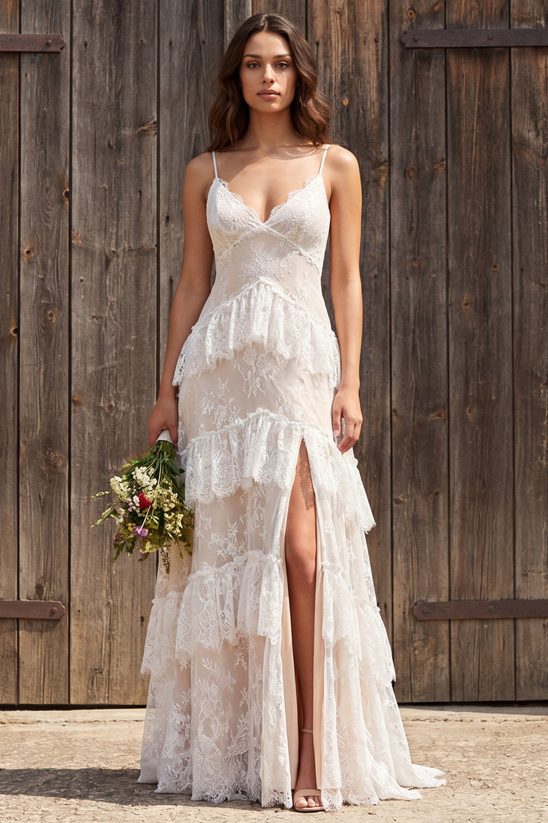 Load image into Gallery viewer, Ivory Lace Tiered Sweep Train A-Line Boho Wedding Dress with Slit