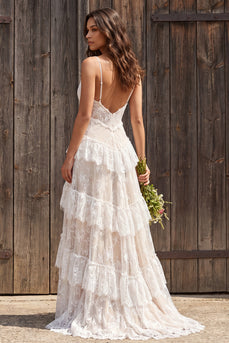 Ivory Lace Tiered Sweep Train A-Line Boho Wedding Dress with Slit