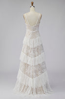 Load image into Gallery viewer, Ivory Lace Tiered Sweep Train A-Line Boho Wedding Dress with Slit