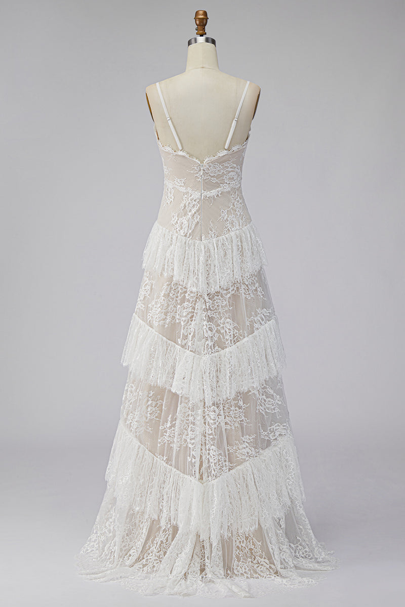 Load image into Gallery viewer, Ivory Lace Tiered Sweep Train A-Line Boho Wedding Dress with Slit