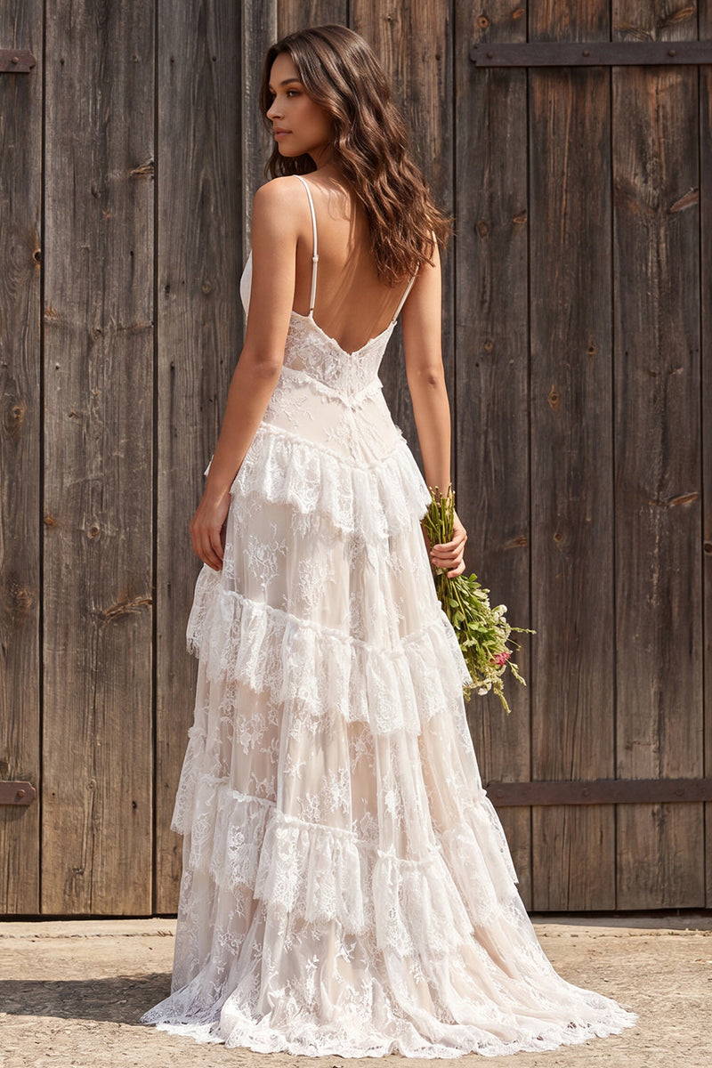 Load image into Gallery viewer, Ivory Lace Tiered Sweep Train A-Line Boho Wedding Dress with Slit