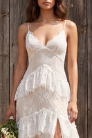 Load image into Gallery viewer, Ivory Lace Tiered Sweep Train A-Line Boho Wedding Dress with Slit