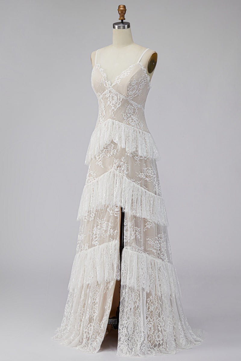 Load image into Gallery viewer, Ivory Lace Tiered Sweep Train A-Line Boho Wedding Dress with Slit