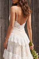 Load image into Gallery viewer, Ivory Lace Tiered Sweep Train A-Line Boho Wedding Dress with Slit