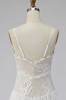 Load image into Gallery viewer, Ivory Lace Tiered Sweep Train A-Line Boho Wedding Dress with Slit