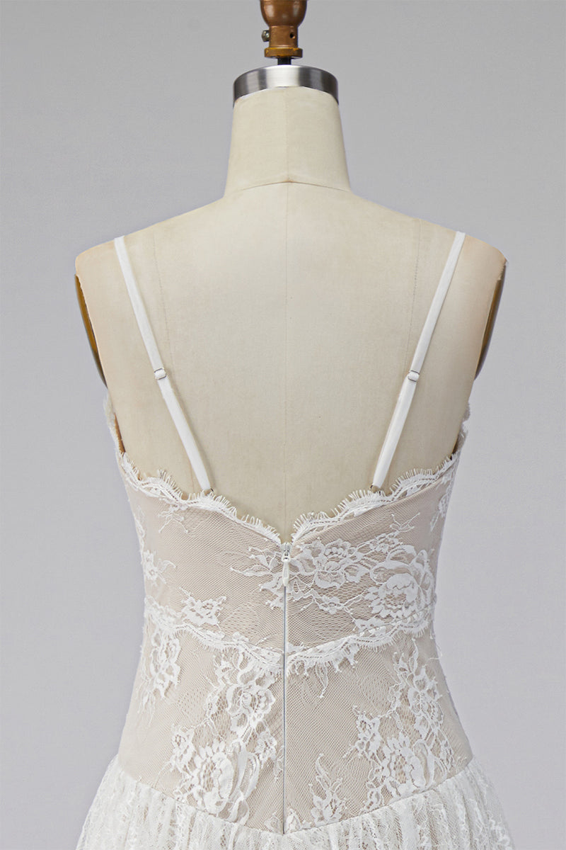 Load image into Gallery viewer, Ivory Lace Tiered Sweep Train A-Line Boho Wedding Dress with Slit