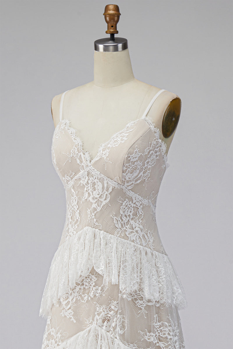 Load image into Gallery viewer, Ivory Lace Tiered Sweep Train A-Line Boho Wedding Dress with Slit