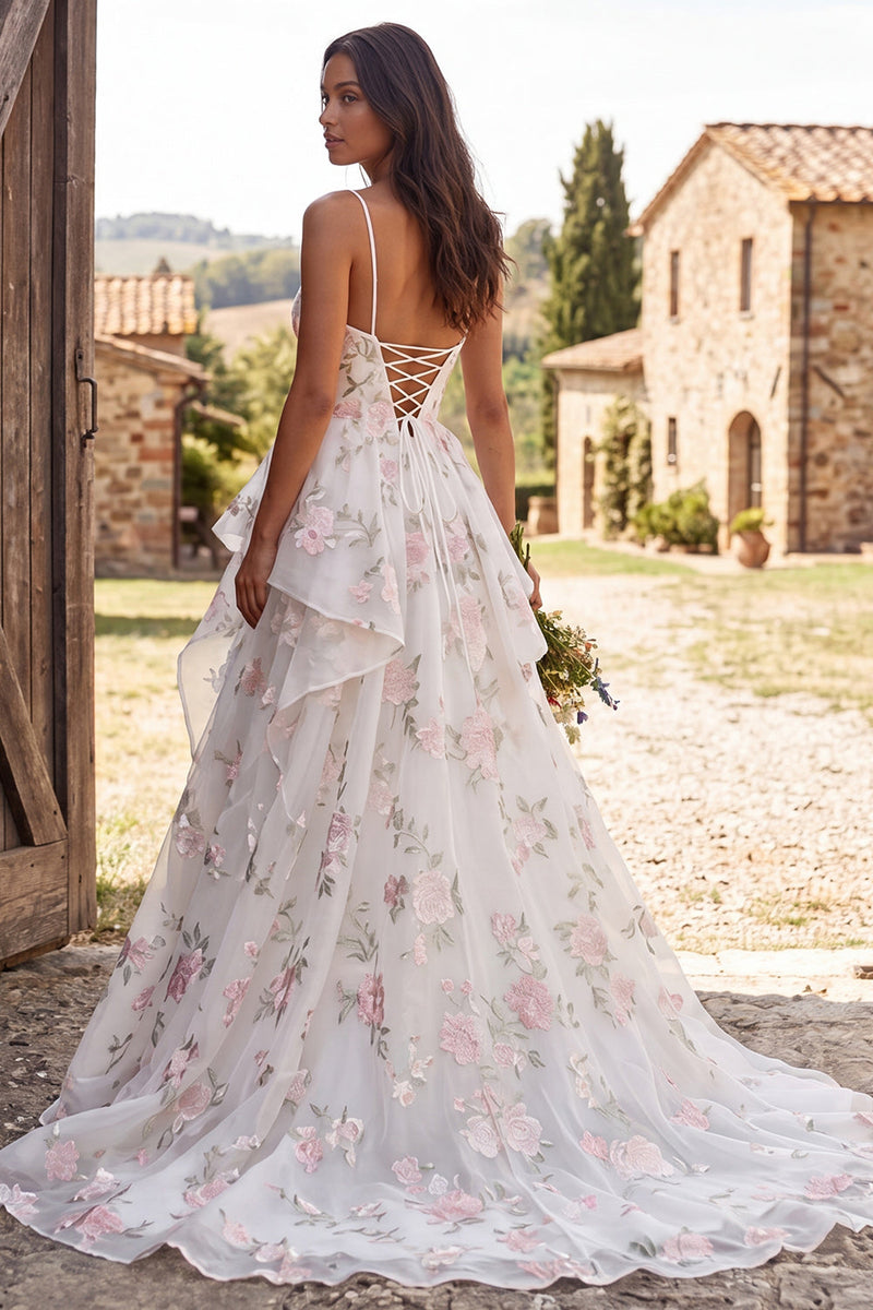 Load image into Gallery viewer, Floral Ivory Ruffled A-Line Sweep Train Wedding Dress with Slit