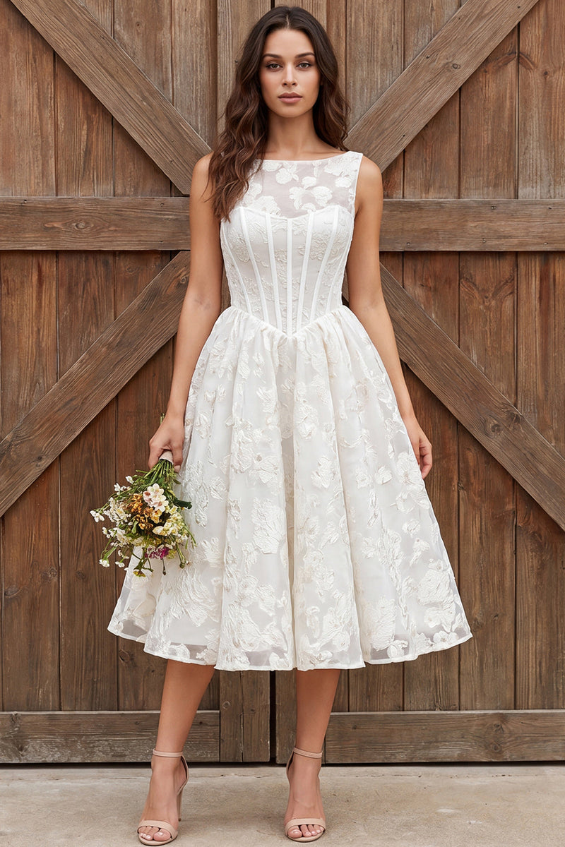 Load image into Gallery viewer, Ivory Floral Corset Boat Neck A Line Midi Engagement Dress