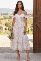 Load image into Gallery viewer, Floral Ivory Tiered Ruffled A-Line Long Engagement Dress with Lace