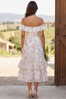 Floral Ivory Tiered Ruffled A-Line Long Engagement Dress with Lace