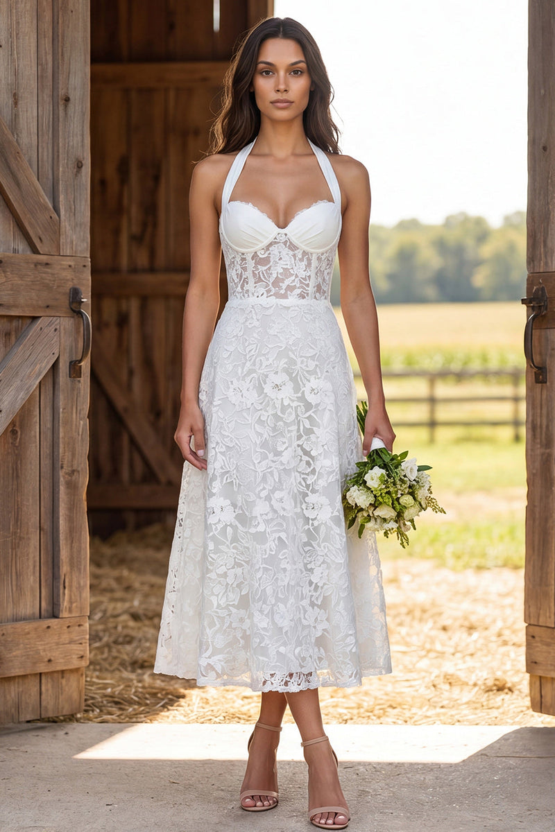 Load image into Gallery viewer, Floral Ivory Lace Corset Halter Neck A-Line Long Engagement Dress