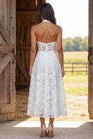 Load image into Gallery viewer, Floral Ivory Lace Corset Halter Neck A-Line Long Engagement Dress