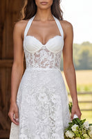Load image into Gallery viewer, Floral Ivory Lace Corset Halter Neck A-Line Long Engagement Dress