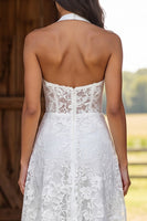 Load image into Gallery viewer, Floral Ivory Lace Corset Halter Neck A-Line Long Engagement Dress