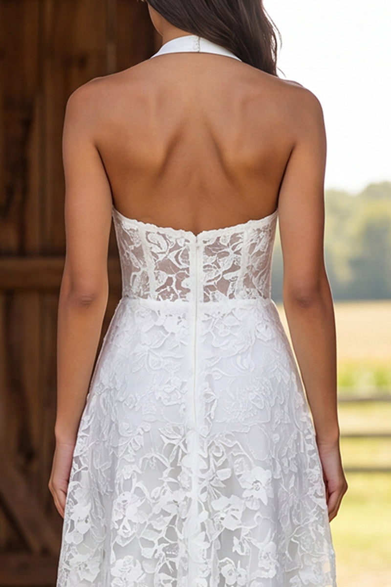 Load image into Gallery viewer, Floral Ivory Lace Corset Halter Neck A-Line Long Engagement Dress