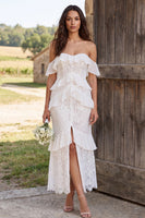 Load image into Gallery viewer, Ivory Lace Tiered Ruffled Mermaid Long Engagement Dress with Slit