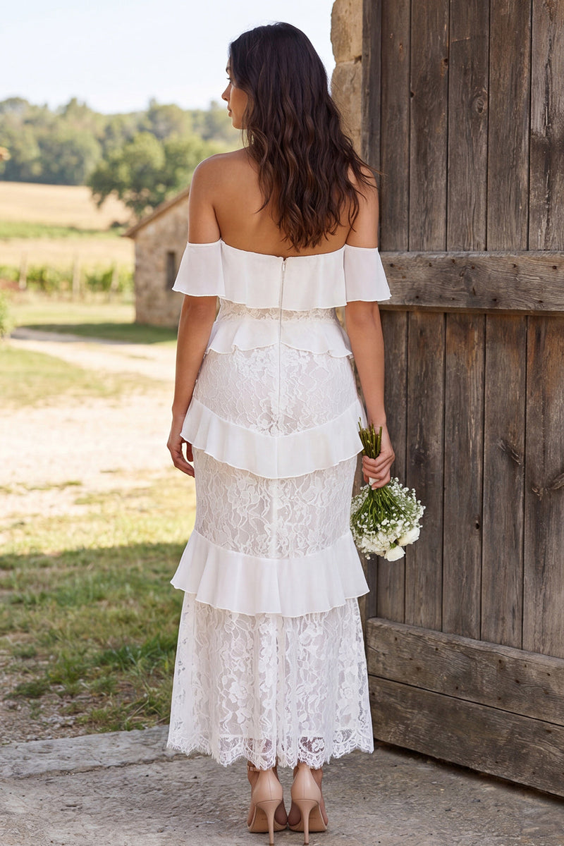 Load image into Gallery viewer, Ivory Lace Tiered Ruffled Mermaid Long Engagement Dress with Slit