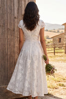 Load image into Gallery viewer, Ivory Floral Ruched A-Line Cap Sleeves Maxi Engagement Dress